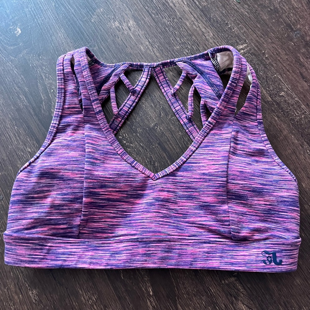 Pink and purple open back sports bra with removable padding XS